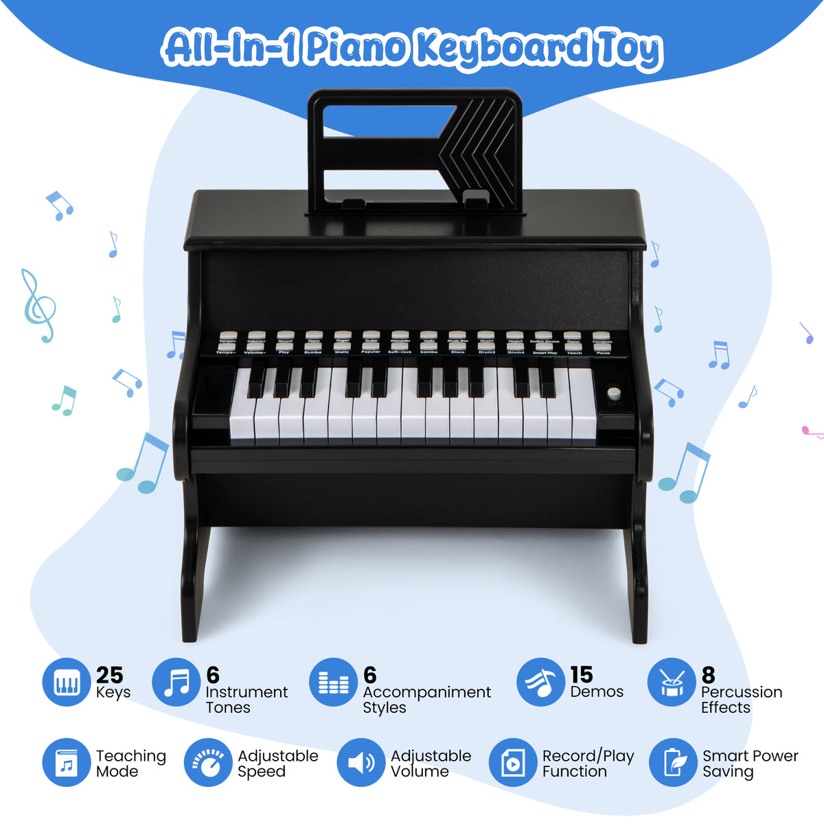 Wooden Kids Piano Keyboard 25 Keys Digital Piano with Music Stand Music Learning Gift for 3+ Kids-Black