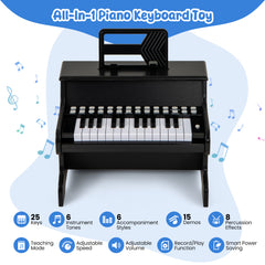 Wooden Kids Piano Keyboard 25 Keys Digital Piano with Music Stand Music Learning Gift for 3+ Kids-Black