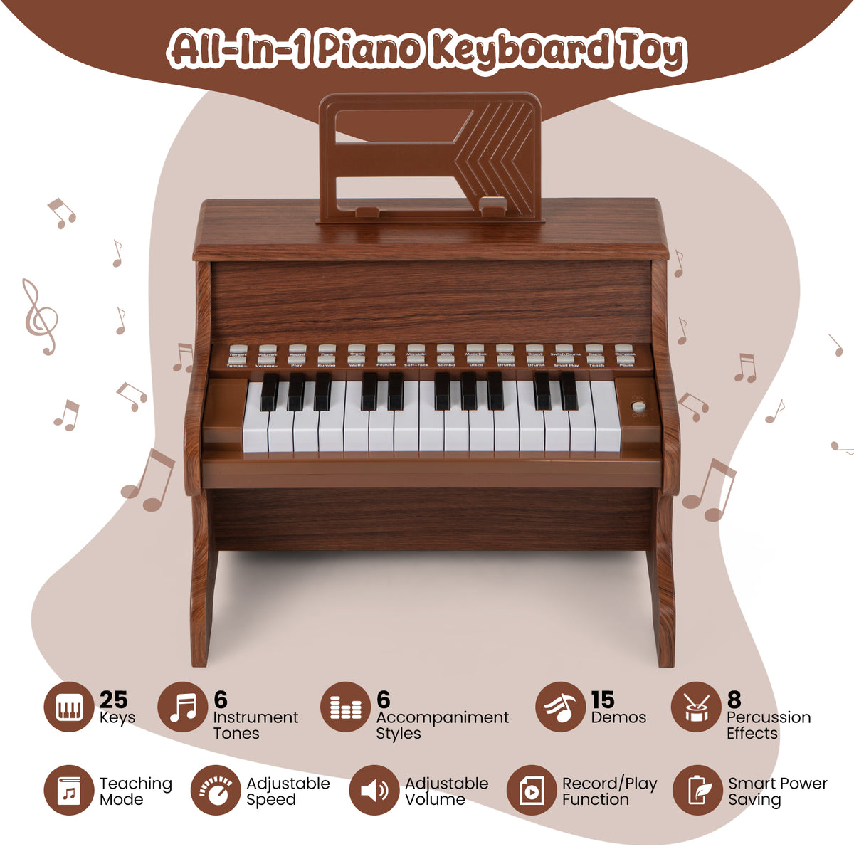 Wooden Kids Piano Keyboard 25 Keys Digital Piano with Music Stand Music Learning Gift for 3+ Kids-Brown