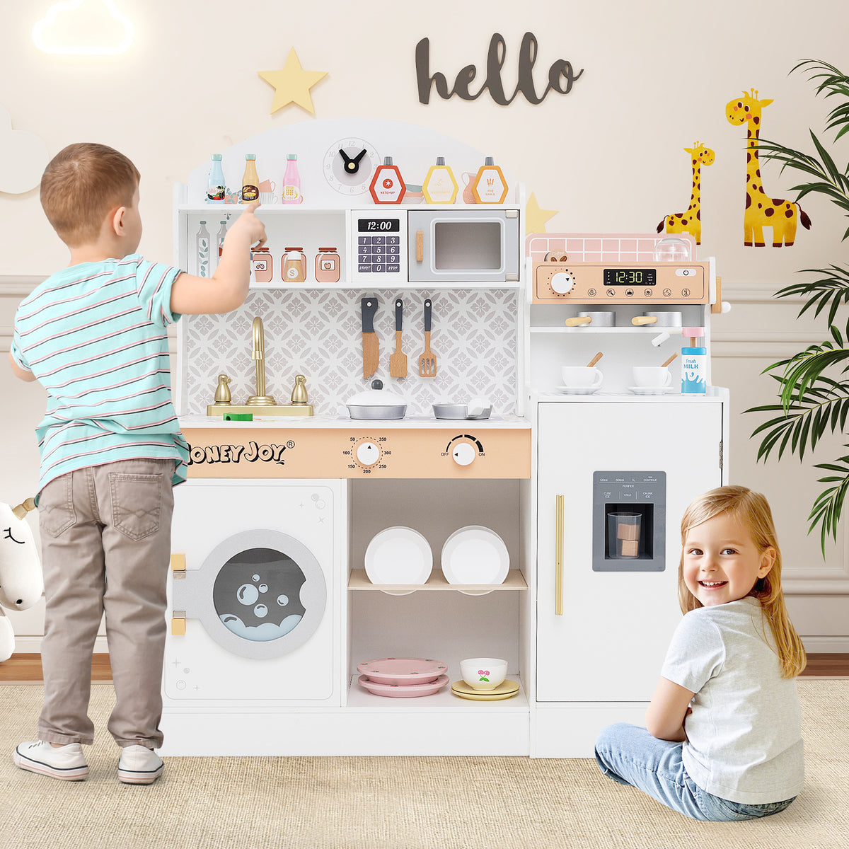 Wooden Kitchen Playset with Clock and Microwave-White