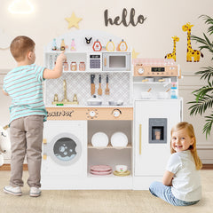 Wooden Kitchen Playset with Clock and Microwave-White