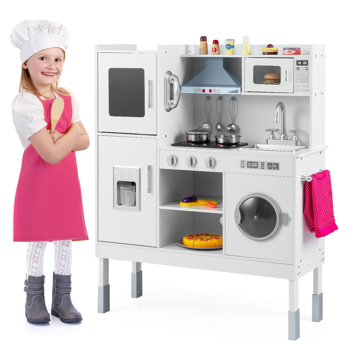 Wooden Kitchen Toy Set with 16 Pieces Accessories and Real Sounds-White