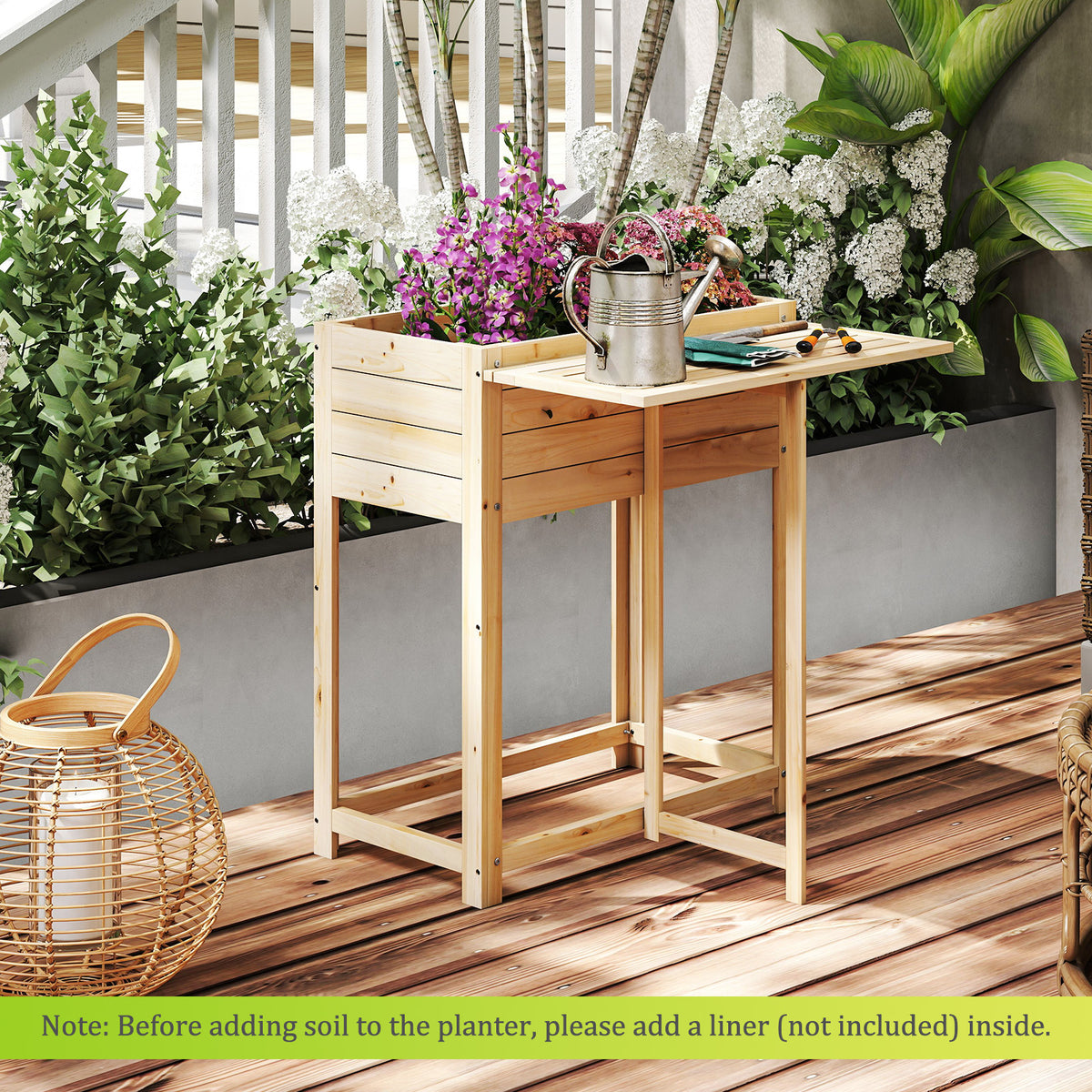 63 x 34 x 74 cm Wooden Raised Garden Bed with Legs and Foldable Side Table