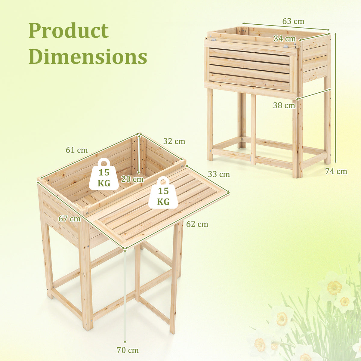63 x 34 x 74 cm Wooden Raised Garden Bed with Legs and Foldable Side Table