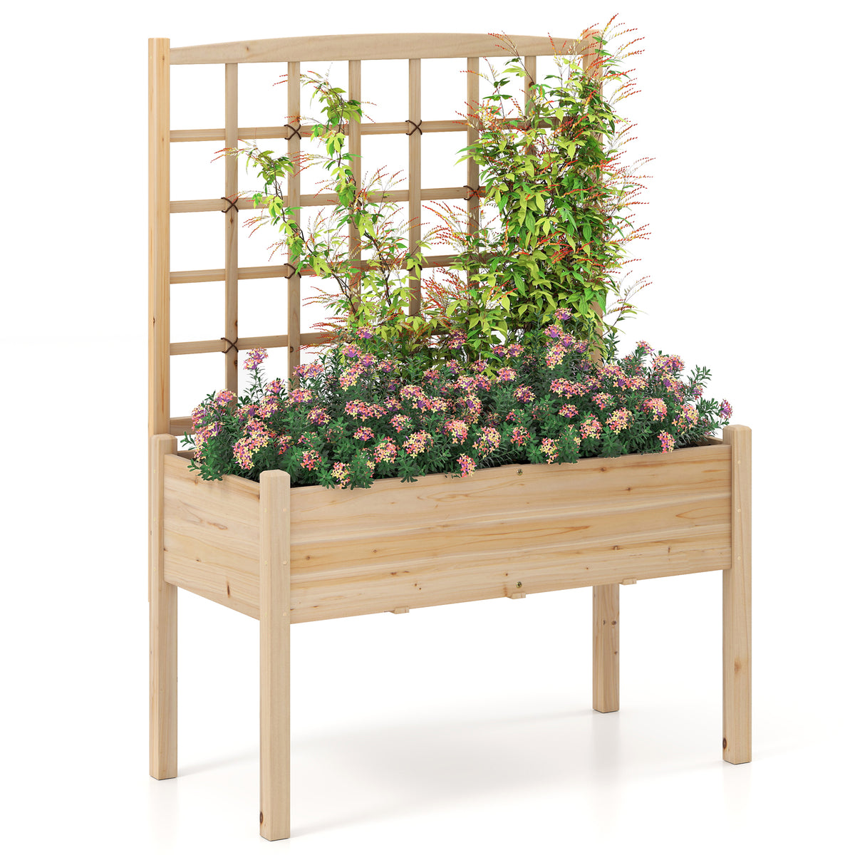 Wooden Raised Garden Bed with Lattice Trellis and Drainage Holes-Natural