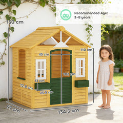 AIYAPLAY Outdoor Kids Playhouse, Wooden Wendy House with Door, 3 Windows, 2 Flower Boxes for Garden, Indoor Playroom