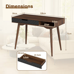 Dimensions diagram showing the width, depth, and height of the writing table