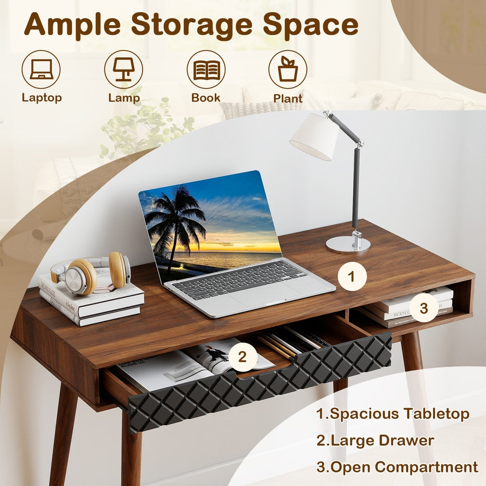 The writing table is shown with labels indicating ample storage space for a laptop, lamp, book, and plant