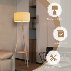 HOMCOM Bedside Light, Tripod Floor Lamp with Storage Shelf and Linen Shade for Living Room, 160cm, Natural Wood Colour