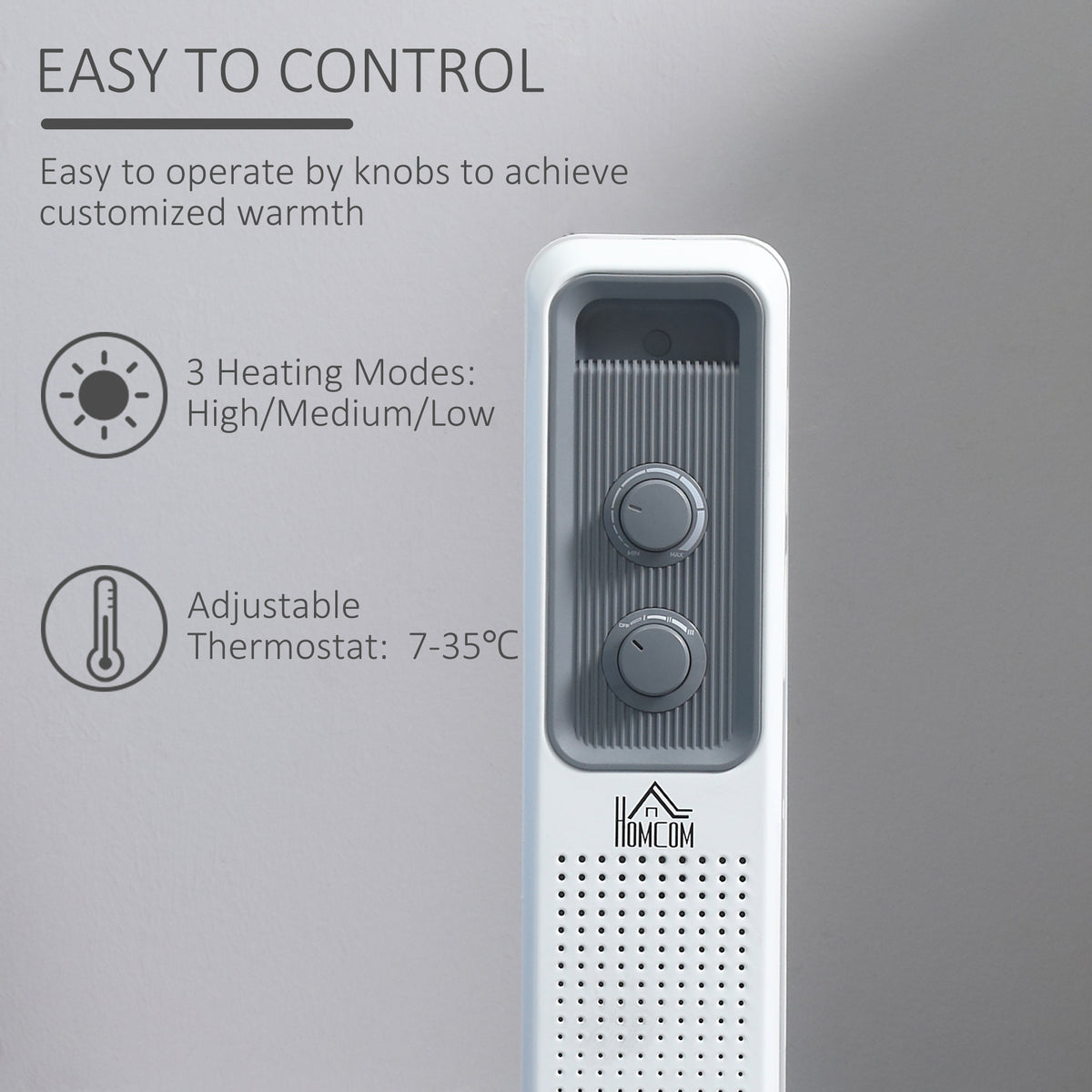 HOMCOM 1500W Oil Filled Radiator, Portable Electric Heater with 3 Heat Settings, Safety Cut-Off and Wheels, White