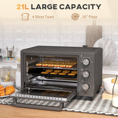 The mini oven with its door open showing food inside and text about capacity