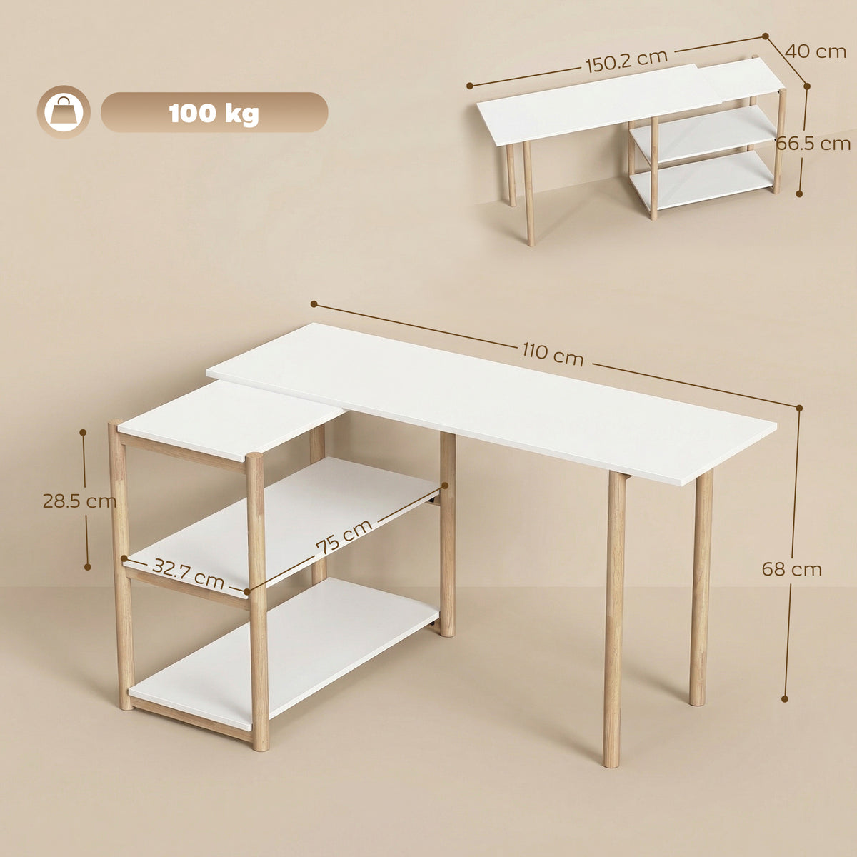 Size diagram for the white and oak computer desk with storage shelves