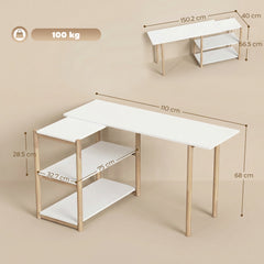 Size diagram for the white and oak computer desk with storage shelves