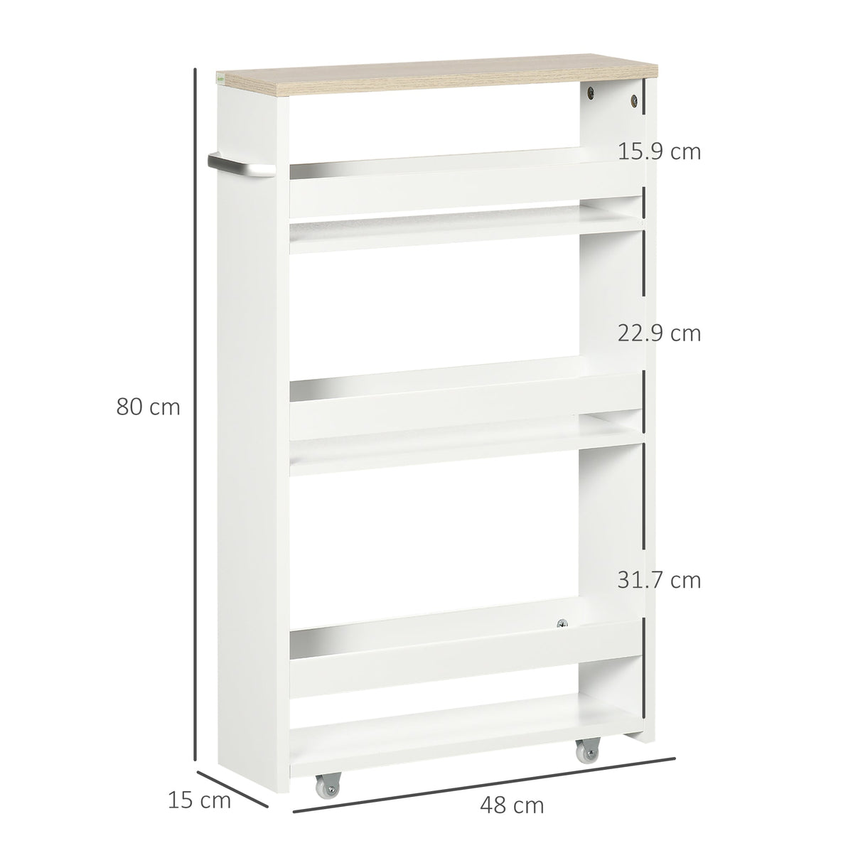 kleankin Storage Cart, 4-Tier Compact Storage Trolley on Wheels and Handle, 48W x 15D x 80H cm, White