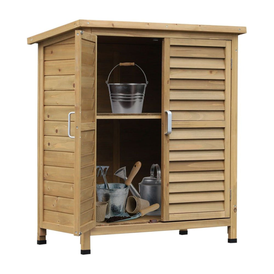 Outsunny Garden Shed Wooden Garden Storage Shed 2 Door Unit Solid Fir Wood Garage Tool Organisation Cabinet, 87L x 46.5W x