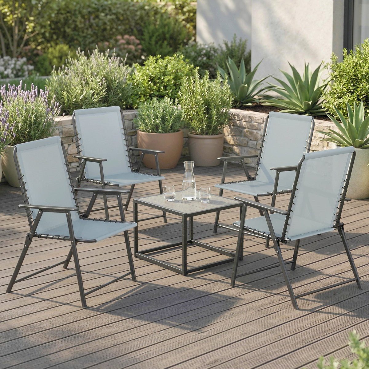 Outsunny Folding Garden Chairs Set of 4, Outdoor Dining Chairs with Wide Texteline Seat, High Back and Armrests, Light Grey