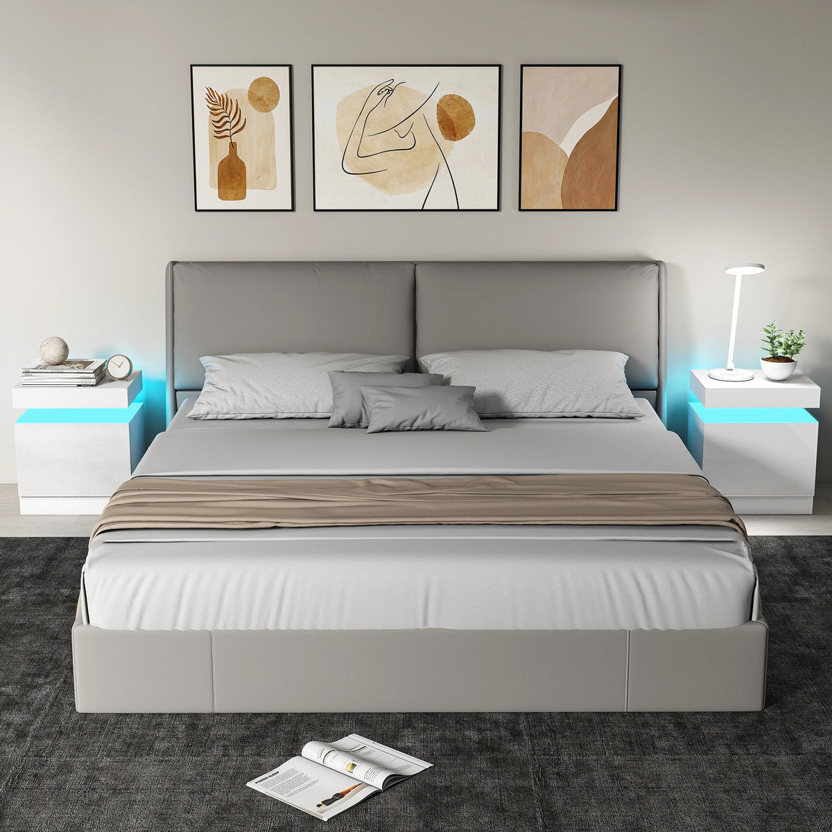 HOMCOM White Bedside Table with LED Light, High Gloss Front Nightstand with 2 Drawers, for Living Room, Bedroom, Set of 2