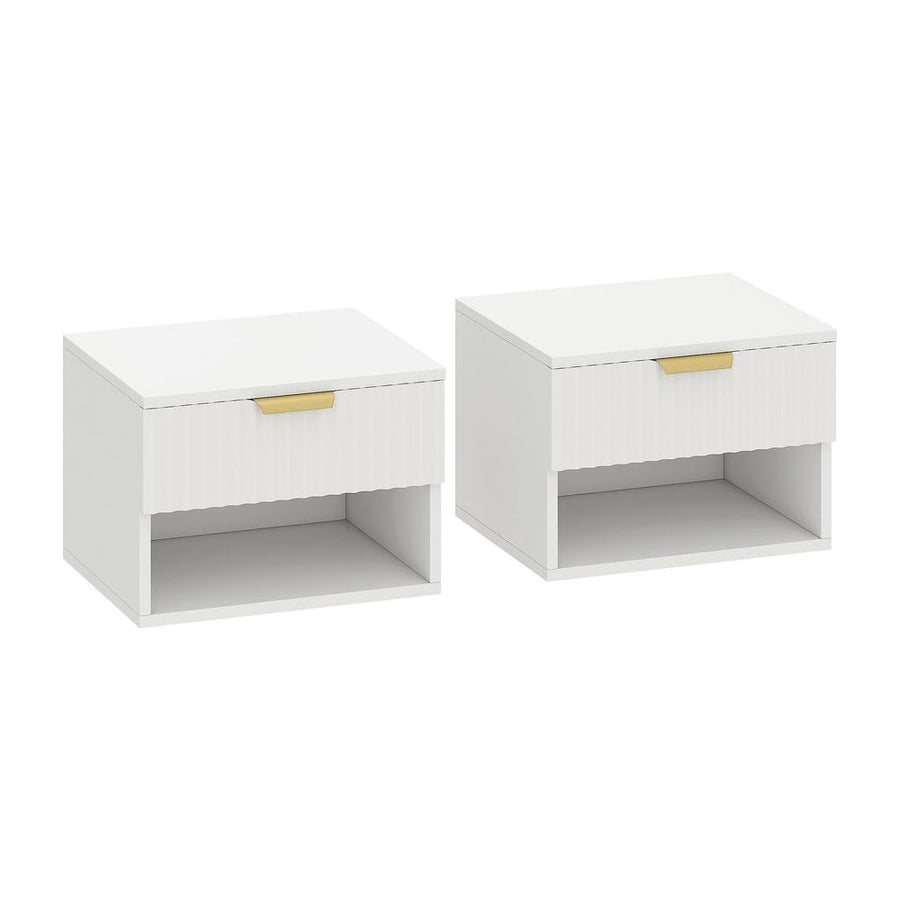 HOMCOM Floating Nightstands Set of 2, Modern Wall Mounted Bedside Tables with Fluted Drawer and Open Shelf for Bedroom, White