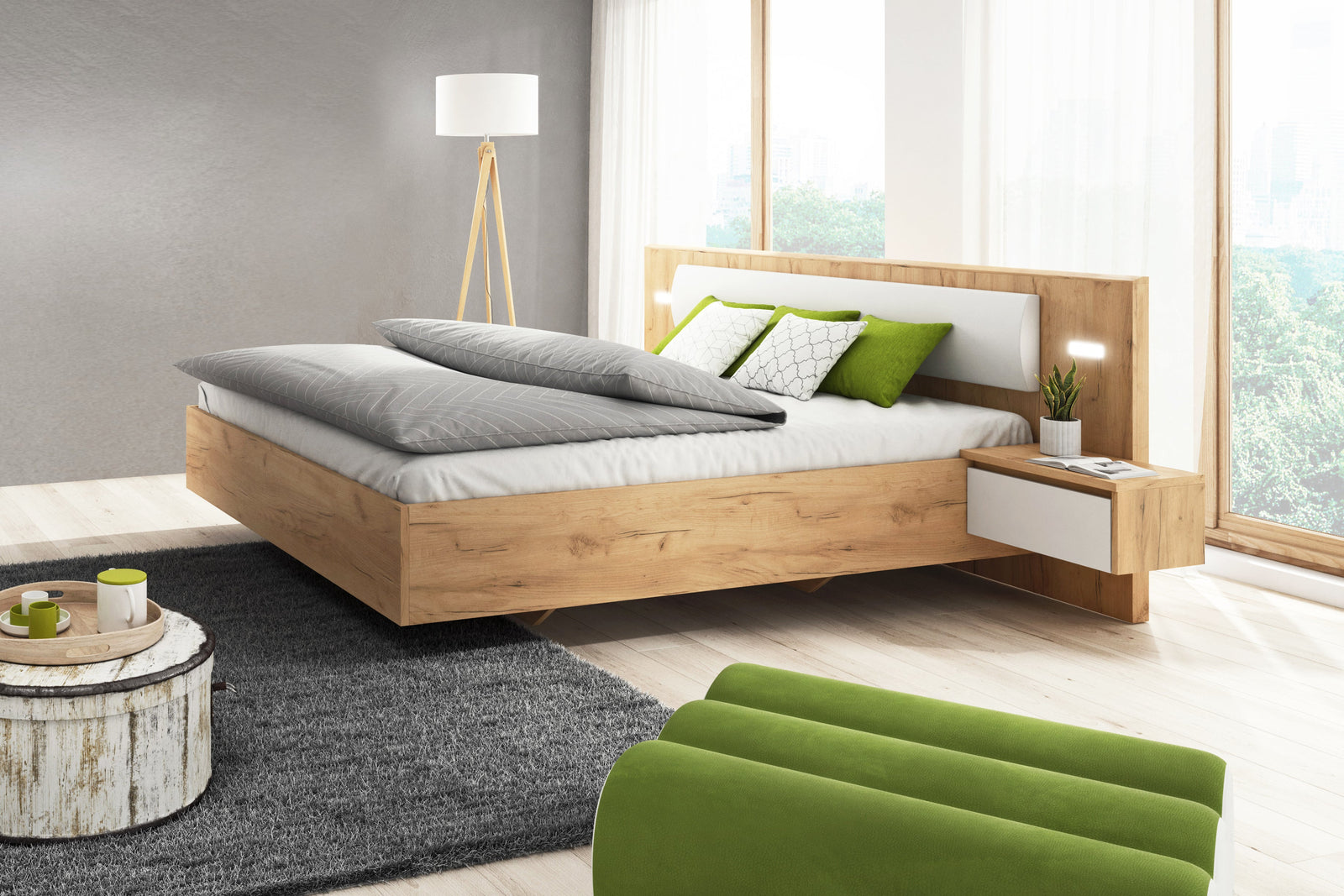Bed with Bedside XELO White Matt / Oak Golden