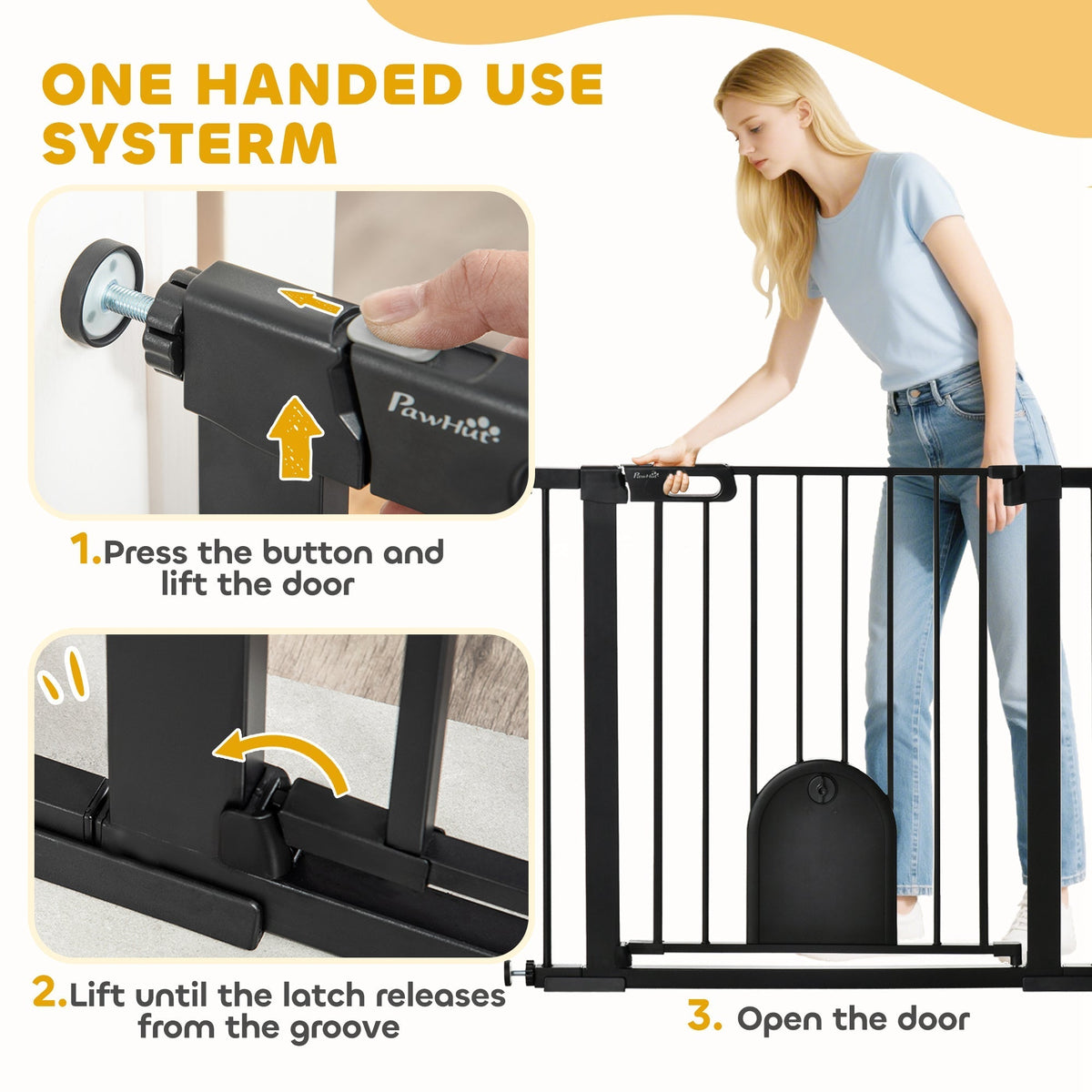 PawHut Dog Gate with Cat Flap Pet Safety Gate Barrier, Stair Pressure Fit, Auto Close, Double Locking, for Doorways, Hallways, 75-103 cm Black