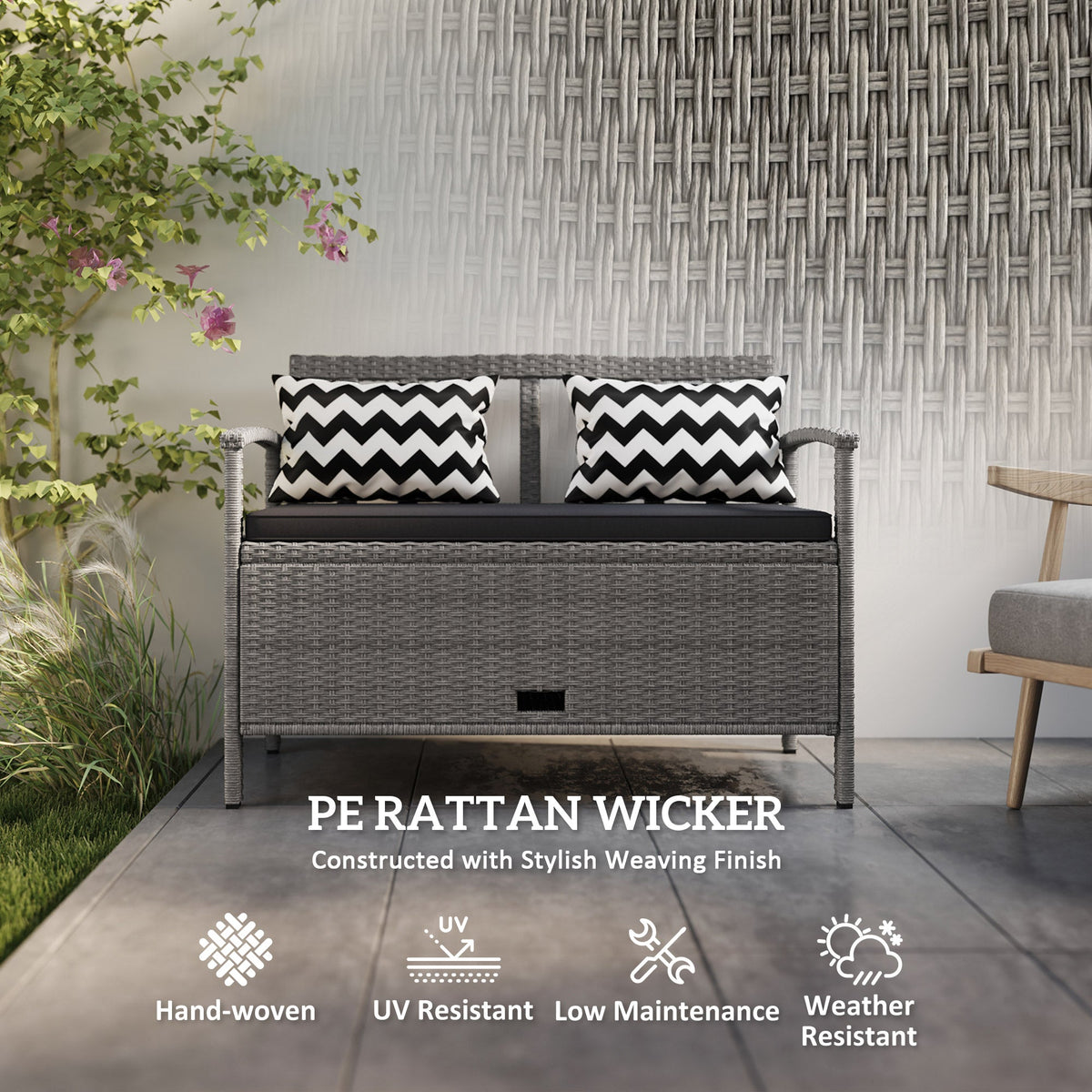 Outsunny 160L Storage Two-Seater Rattan Bench - Grey - product image 5