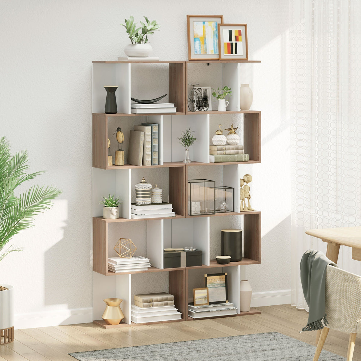 HOMCOM Bookcase, S-Shaped Wooden Bookshelf, 5/6 Tiers Freestanding Storage Shelf, Home Office Decorative Display Stand Rack, Oak and White, 24D x 60W x 184.5H