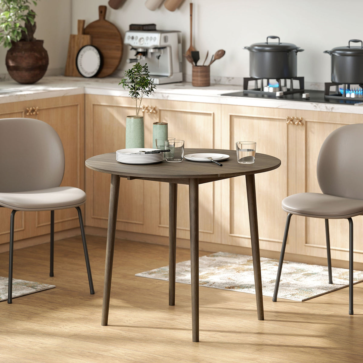 HOMCOM Folding Dining Table for 4, Round Drop Leaf Table, Modern Space Saving Small Kitchen Table with Wood Legs for Dining Room, Grey