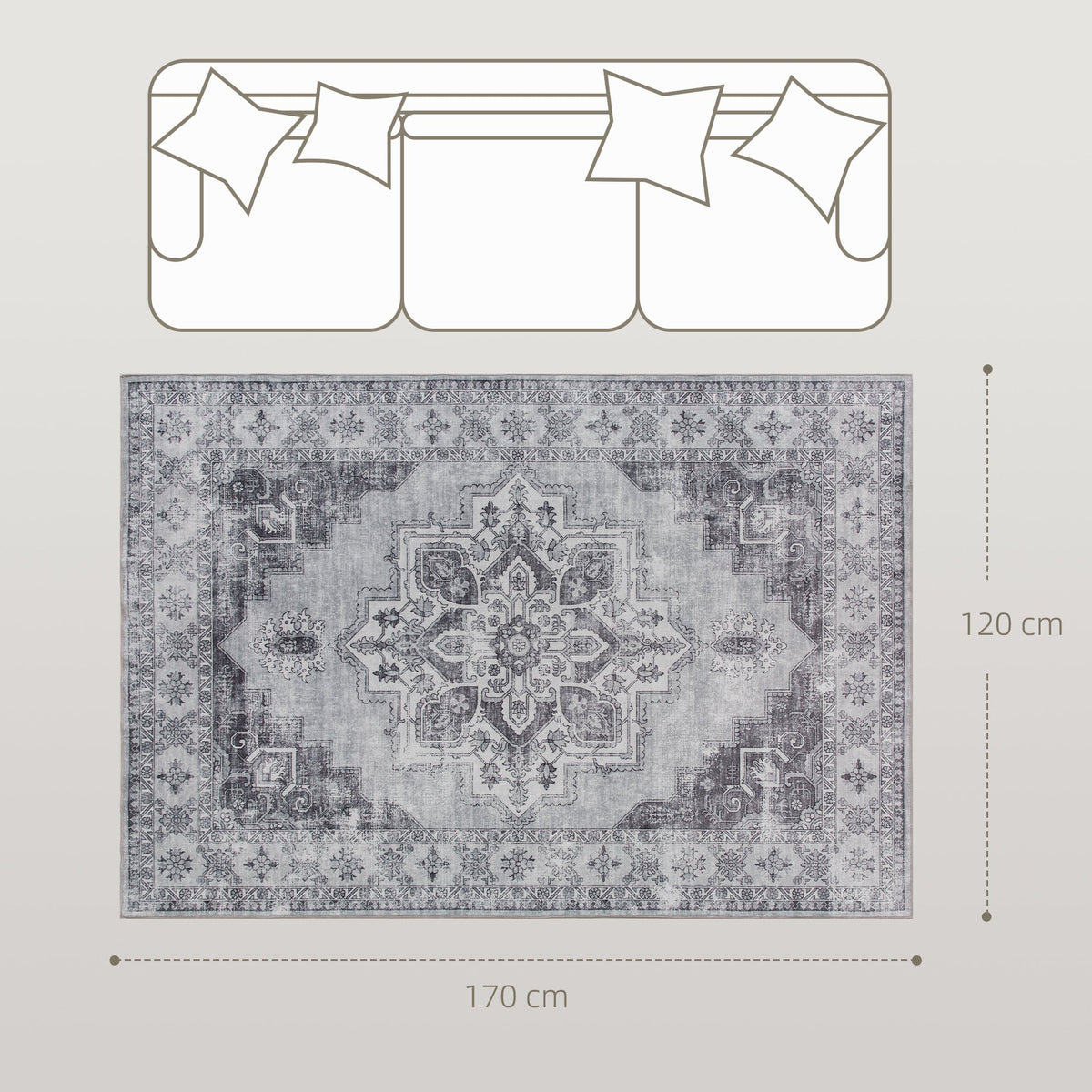 HOMCOM Vintage Area Rug, Non-Slip Washable Rug, Flannel Floor Carpet for Living Room, Bedroom, Dining Room, Home Office, 170 x 120 cm, Grey