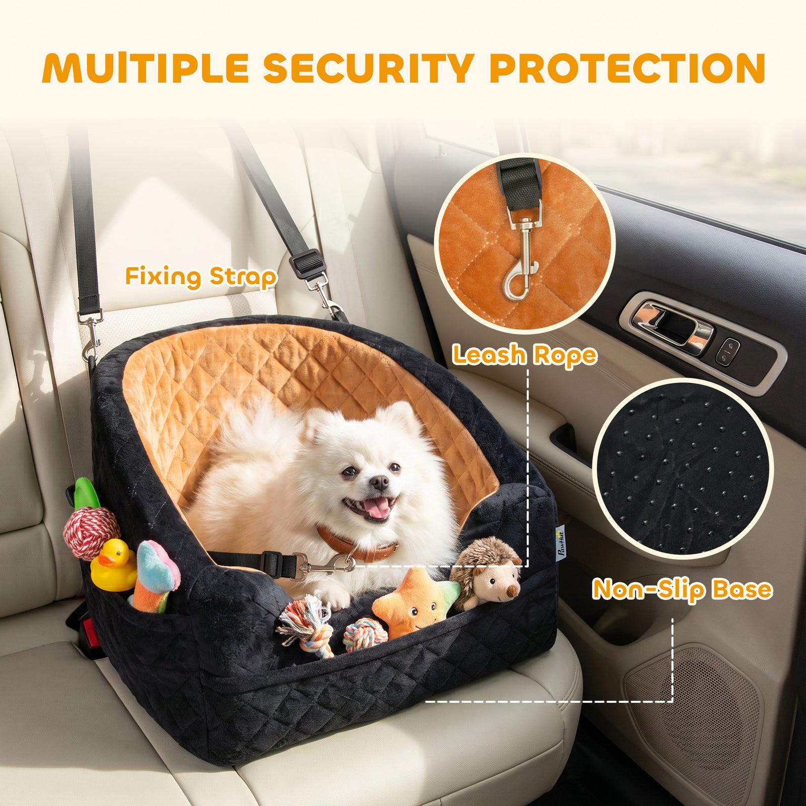 PawHut Dog Car Seat, Detachable Washable Dog Booster Seat with Thick Cushion, Seat Belt, Pockets for Small Under 10kg, Brown