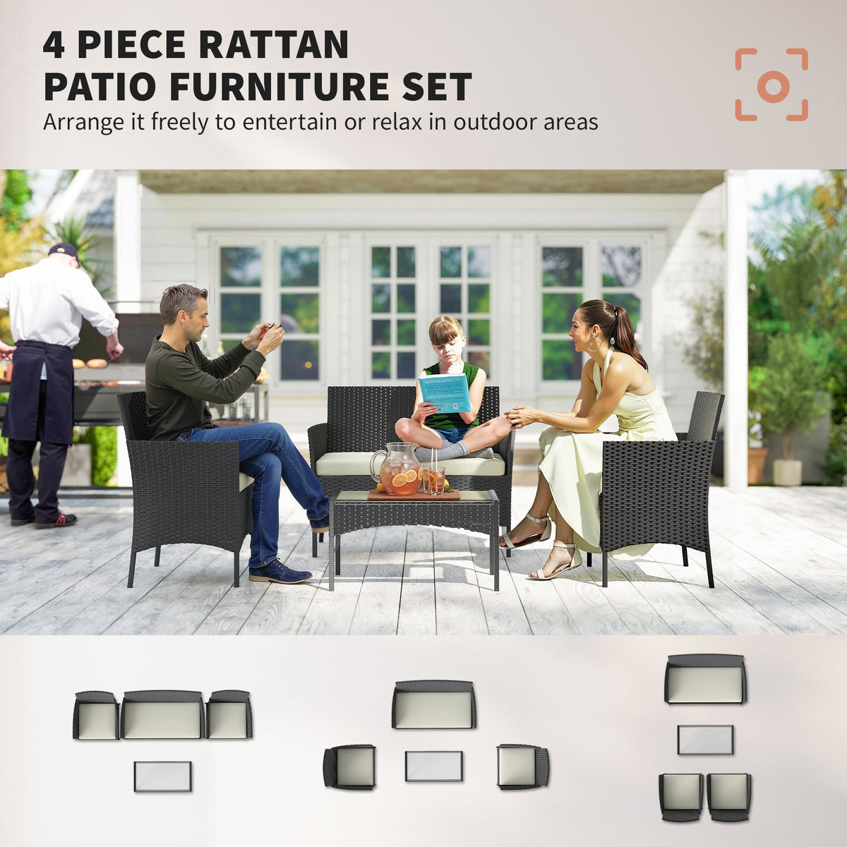 Outsunny 4 Piece Rattan Garden Furniture Sofa Set with Loveseat, Armchairs, Glass-Top Coffee Table and Cushions, Cream White