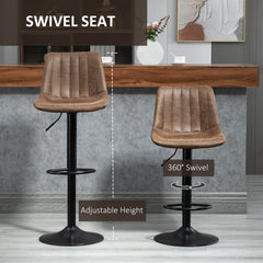 HOMCOM Bar Stools Set of 2, Swivel Counter Height Barstools with Back, Adjustable Bar Chairs, Breakfast Dining Stools for Kitchen Island Counter with Adjustable Steel Footrest & Base, Brown
