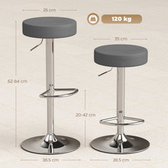 HOMCOM Bar Stools Set of 2, Modern PU Leather Swivel Barstools, Height Adjustable Breakfast Bar Chairs with Footrest, Grey