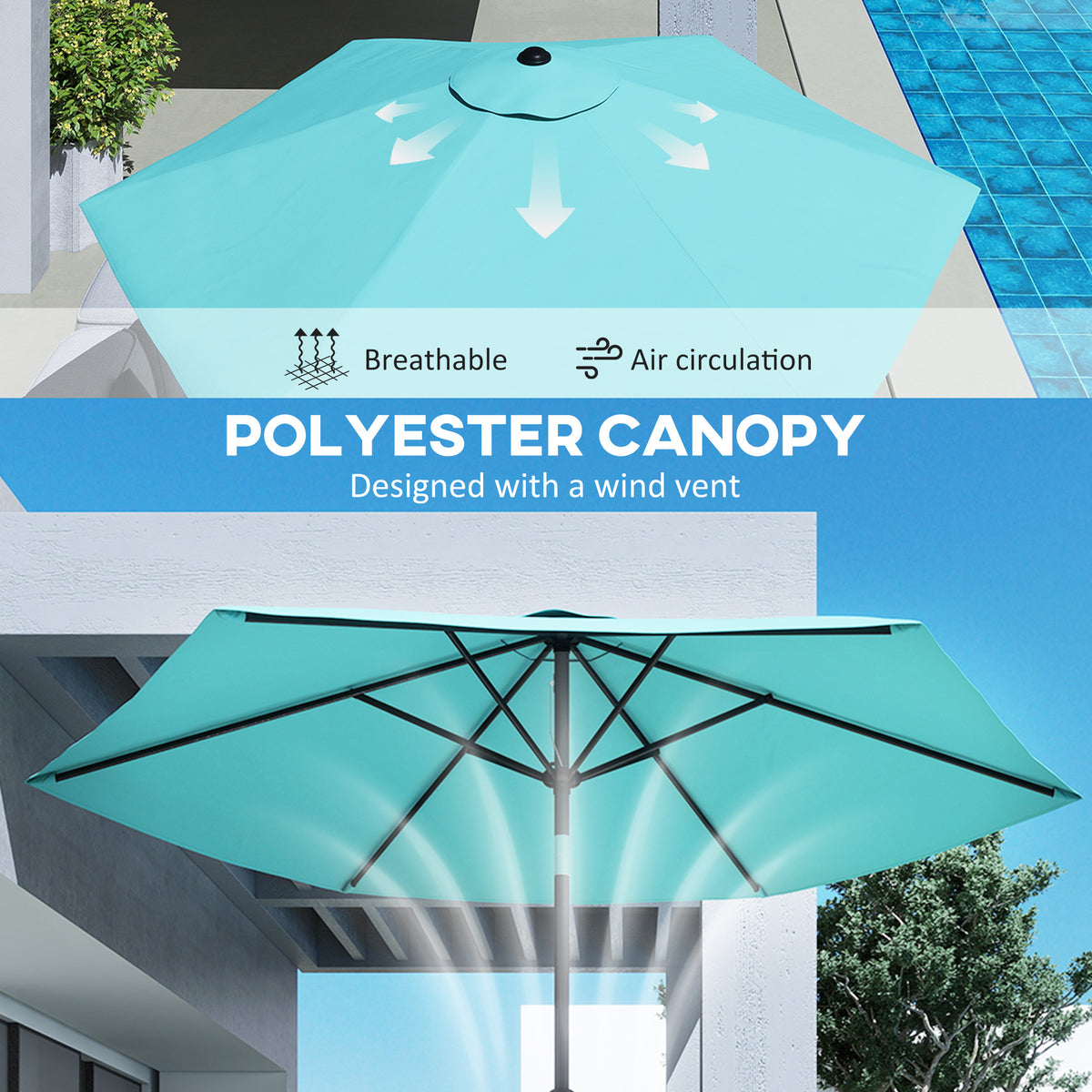 Outsunny 2.6 m Garden Parasol Umbrella with Aluminium Pole, Outdoor Patio Umbrella with Tilt and Crank, Vent, Turquoise