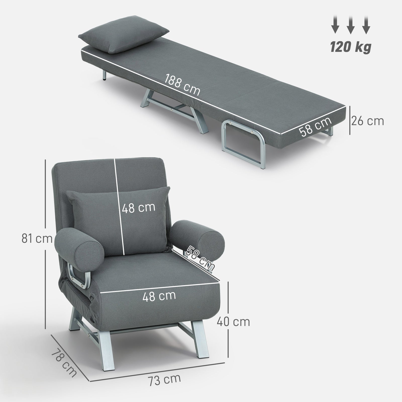 HOMCOM Single Sofa Bed, 3-in-1 Convertible Folding Chair Bed with Adjustable Backrest, Removable Armrests, Dark Grey