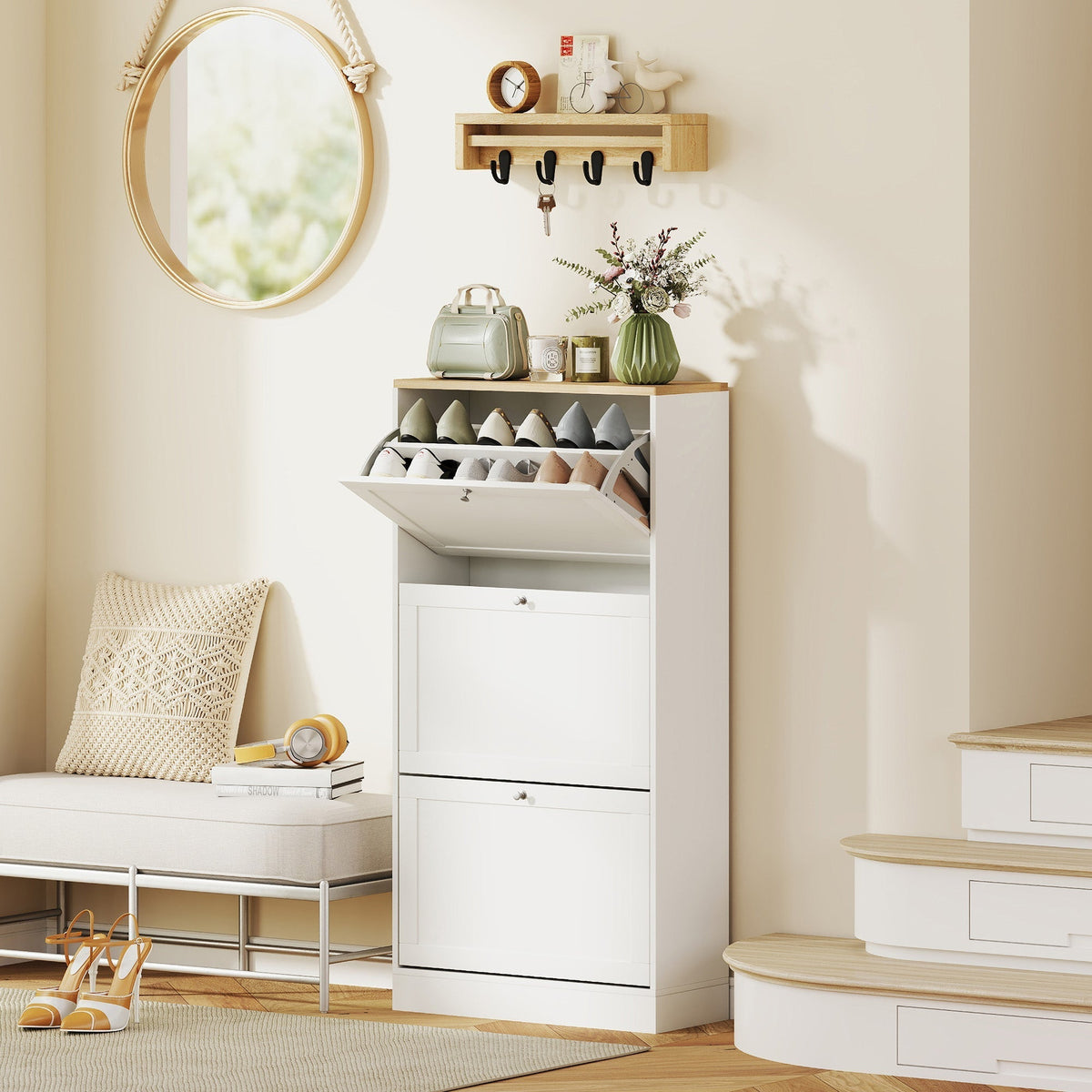 HOMCOM Modern Compact Three-Drawer Shoe Storage Cabinet - White