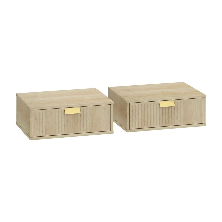 HOMCOM Modern Floating Nightstands Set of 2, Wall Mounted Bedside Tables with Wave Drawer Oak