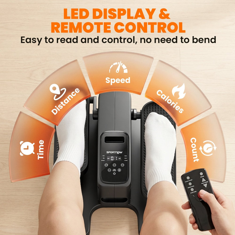 Close up of the under desk elliptical showing the LED display and remote control