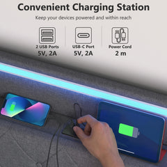 HOMCOM 3ft Single Bed Frame with Headboard, Platform Bed Frame with Hydraulic Storage, LED Lights and Charging Station, Grey