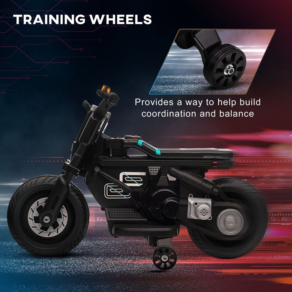 The black kids electric motorbike with training wheels attached for stability