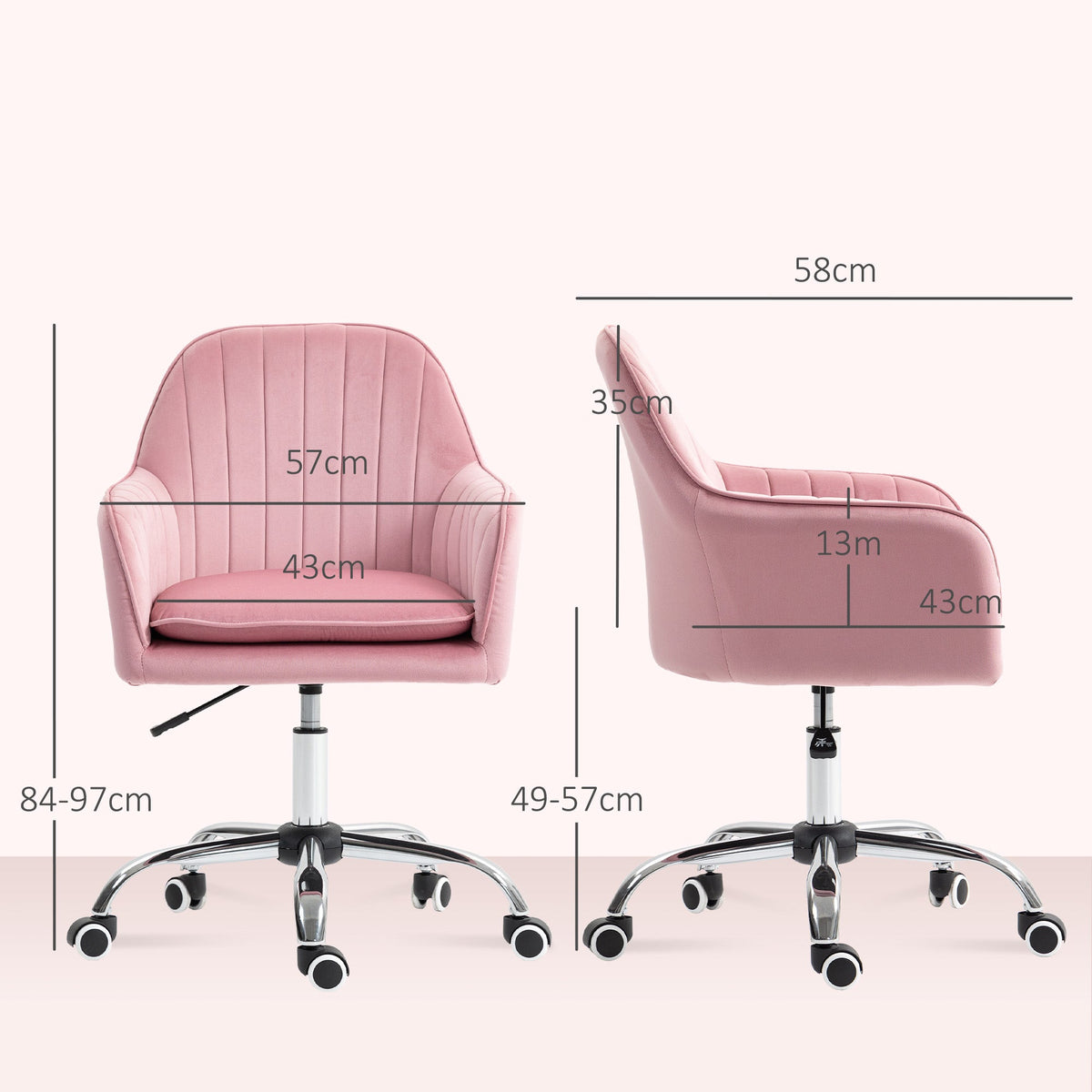 HOMCOM Velvet-Feel Tub Office Chair, with Seat Cushion - Dark Pink