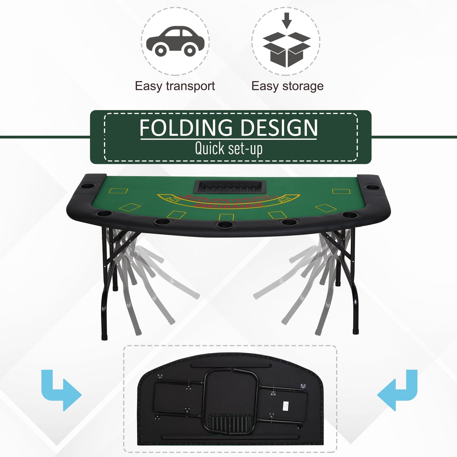 HOMCOM Poker Table, 7-Player Folding Blackjack Table with Chip Tray, Cup Holders, Padded Rails, 182 x 91 x 75 cm, Green