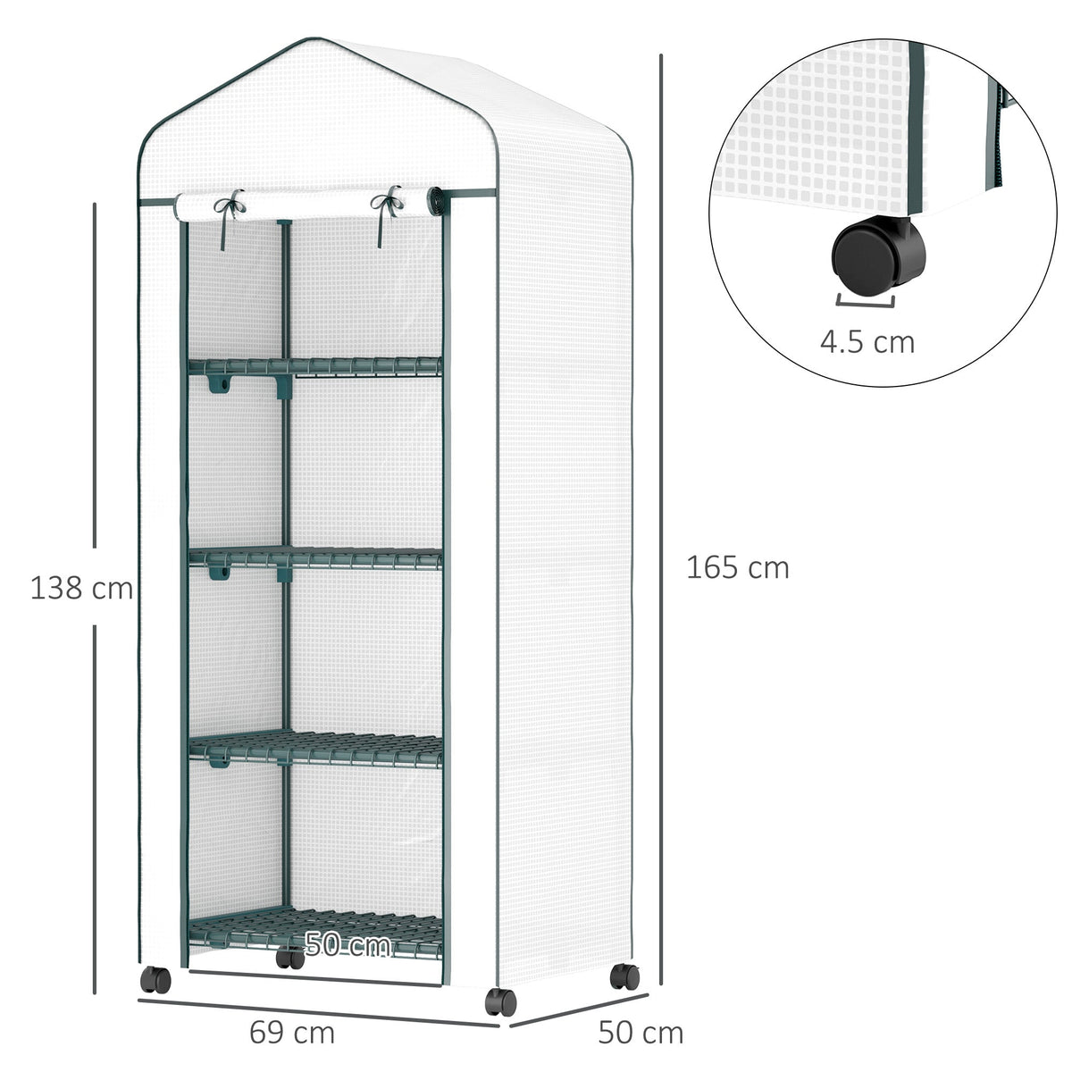 Outsunny 4 Tier Mini Portable Greenhouse Compact Plant Grow Shed Metal Frame PE Cover with Lockable Rolling Wheels , White