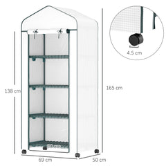 Outsunny 4 Tier Mini Portable Greenhouse Compact Plant Grow Shed Metal Frame PE Cover with Lockable Rolling Wheels , White