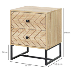 HOMCOM Bedside Table Nightstand Two-Drawer Bedroom Storage Unit Zig Zag Design with Black Metal Handles, Natural