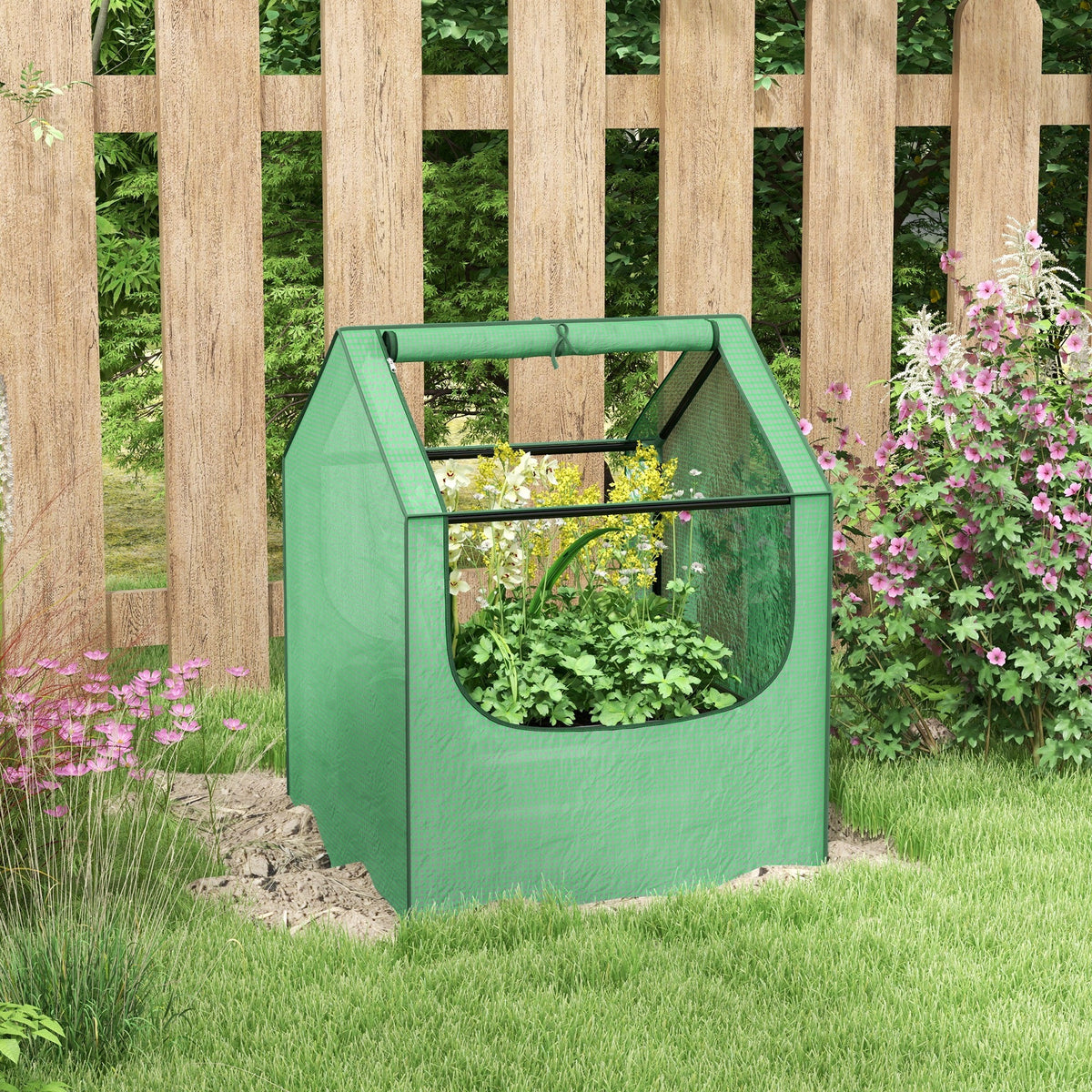 Outsunny 61 x 61cm Garden Planter Bed, with Cover - Green and Silver