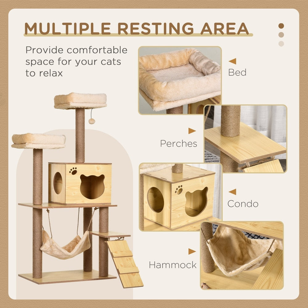 PawHut 130cm Cat Tree for Indoor Cats, Multi-Level Plush Cat Tower, with Five Scratching Posts, Two Perches, Cat House