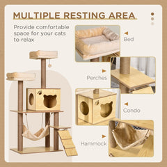 PawHut 130cm Cat Tree for Indoor Cats, Multi-Level Plush Cat Tower, with Five Scratching Posts, Two Perches, Cat House