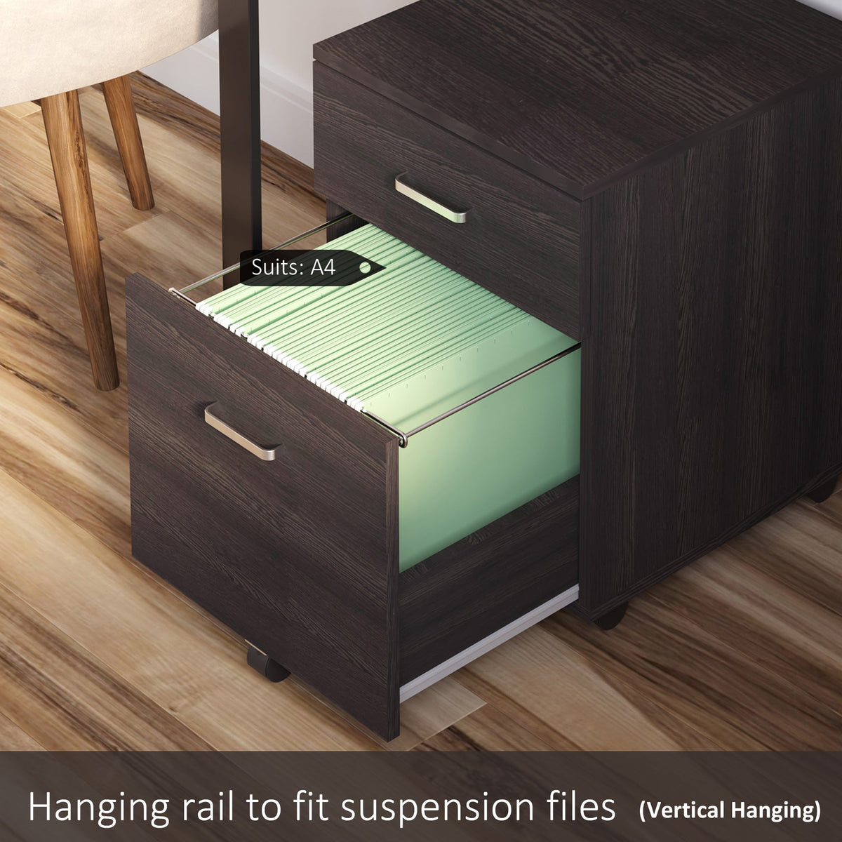 Vinsetto 2-Drawer Locking Office Filing Cabinet w/ 5 Wheels Rolling Storage Hanging A4 Cupboard Home Organisation Black Wood Grain