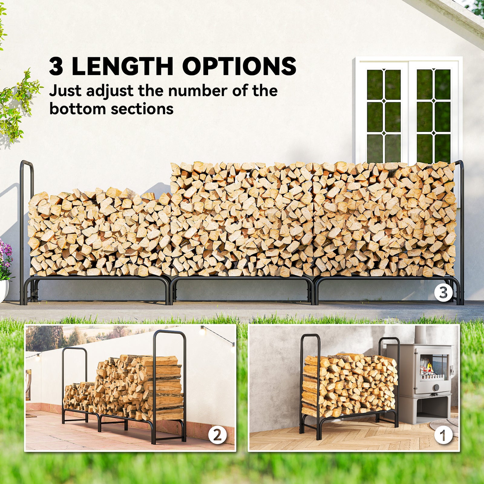 Outsunny Firewood Rack with Waterproof Cover, Heavy Duty Metal Log Store Indoors, Log Storage Holder for Outdoor Indoor Fireplace, 300 x 36 x 99 cm, Dark Green
