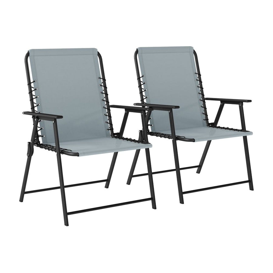 Outsunny Folding Garden Chairs Set of 2, Outdoor Dining Chairs with Wide Texteline Seat, High Back and Armrests, Light Grey